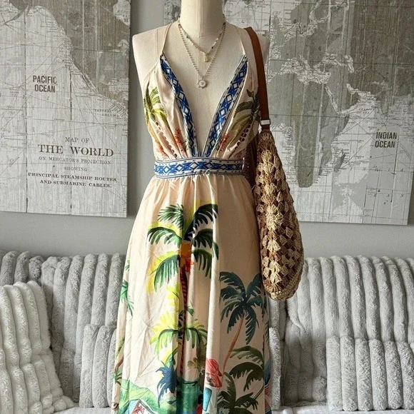 SHEIN Tropical Palm Tree Maxi Dress Halter Neck Resort Wear Size XS - Picture 1 of 7